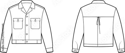 Button-down jacket technical sketch, front and back view, collared neckline, chest flap pockets, drawstring back detail, fashion flat, garment construction, vector illustration