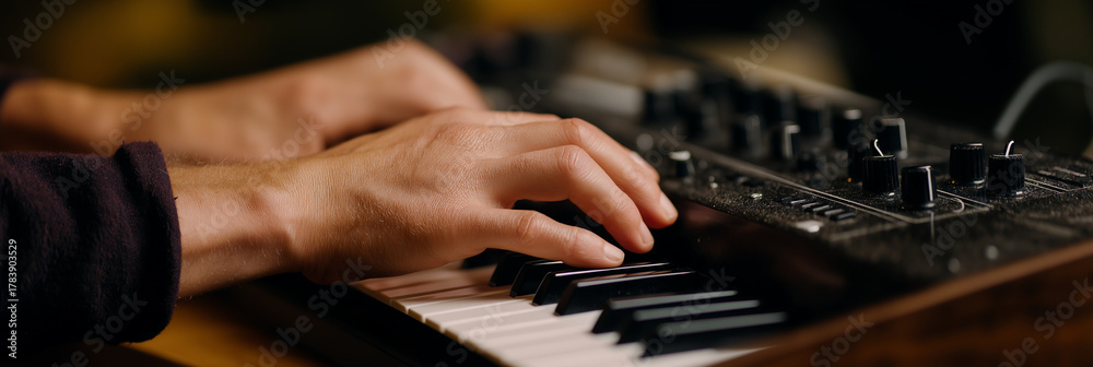 Obraz premium A close-up of skilled hands playing a synthesizer, showcasing the musician's passion and creativity, representing the emotional connection between art and sound in music production.