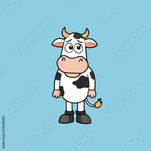 Cartoon sad cow standing with worried expression isolated on white background silhouette