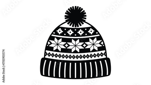 Black and white graphic illustration of a knitted winter beanie hat with a pom pom and snowflake pattern presented as a clean silhouette