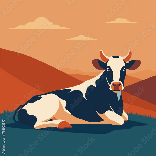 Stylized holstein cow lying down in a field silhouette isolated on white background