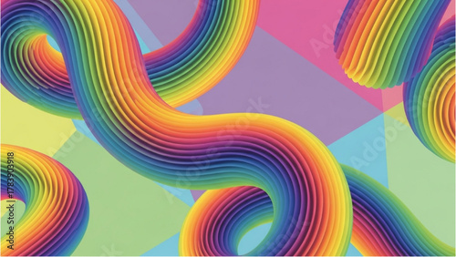 Vibrant Rainbow Wave Art with Geometric Accents