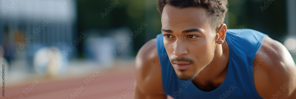 Fototapeta premium Focused young african male athlete in blue tank top ready for sprint race