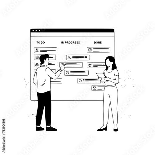 Two professional colleagues actively managing tasks on a web-based project board illustration for a productivity landing page