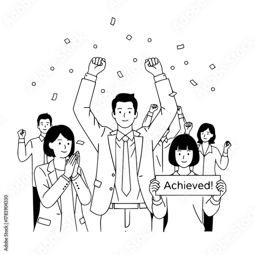 Diverse enthusiastic team of business professionals celebrating a major achievement in an office environment with confetti and an 'Achieved' sign a triumphant success illustration