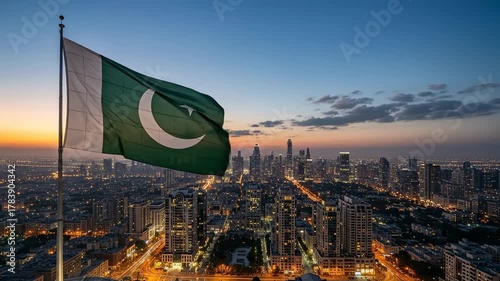 Pakistan Flag Waving Proudly Over City Skyline at Sunset.