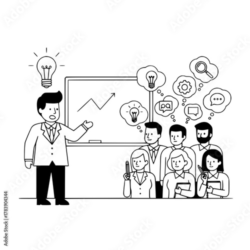 Confident male presenter explains business concepts on a whiteboard with a growth chart to a diverse attentive audience generating new ideas in a corporate meeting illustration for landing page