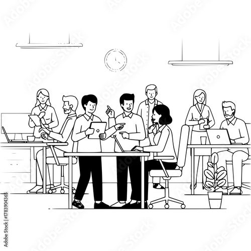 Diverse professional colleagues actively brainstorming ideas with digital screens within an efficient modern office environment