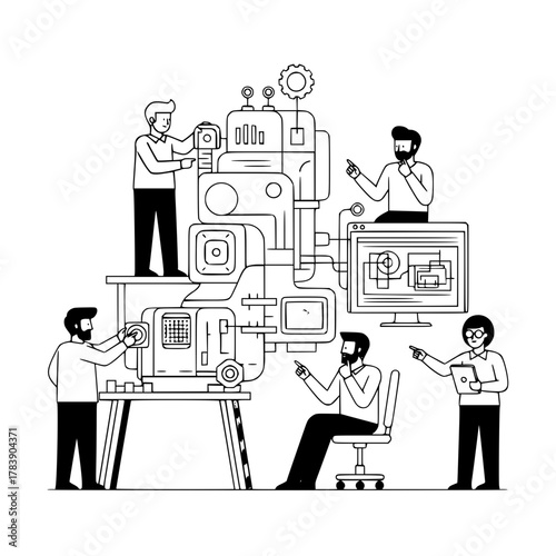 Focused diverse team of developers building a complex system with interconnected devices and screens demonstrating technological innovation and teamwork as a landing page illustration
