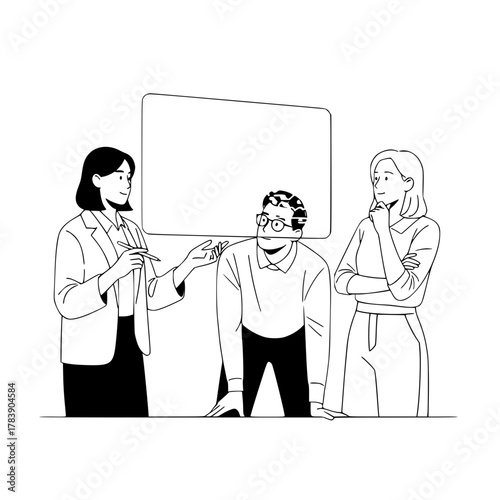 Three diverse business professionals collaborating discussing ideas in a modern office setting with a blank presentation board ideal for landing page illustration design