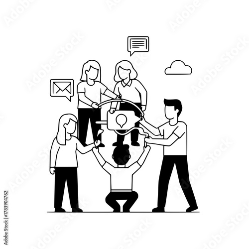 Five diverse collaborative people actively elevating a central social media communication icon within a minimalist black and white vector line art illustration ideal for landing page marketing