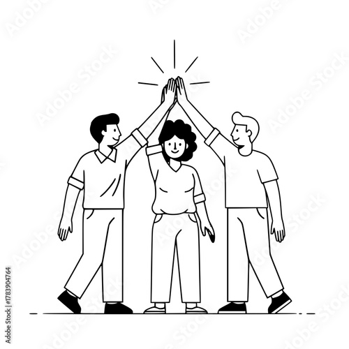 Diverse professional team members enthusiastically performing a collaborative high-five on a clean white background in a simple modern line-art illustration for a successful landing page design