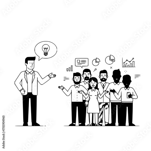 Corporate leader inspiring innovator explaining a new idea at a team gathering professional business meeting with data visuals a monochrome vector illustration for a website landing page