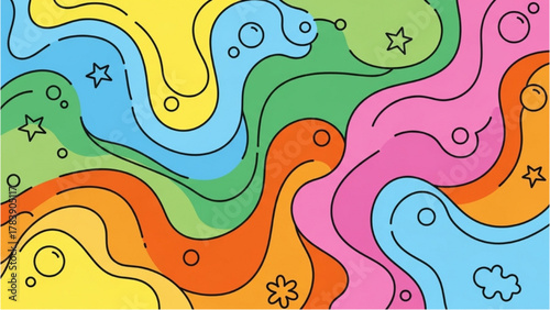 Abstract Psychedelic Swirls with Stars and Bubbles in Retro Colors