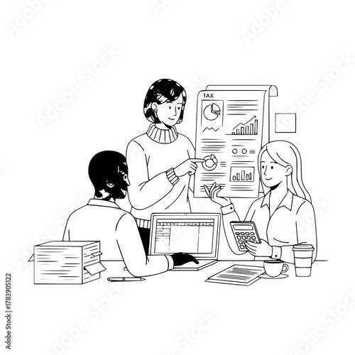 Diverse business team collaborating on financial tax analysis with documents and technology in a corporate office illustration