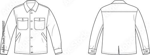 Button-up shirt technical sketch, front and back view, classic collar, chest flap pockets, long sleeves, fashion flat, garment construction, vector illustration