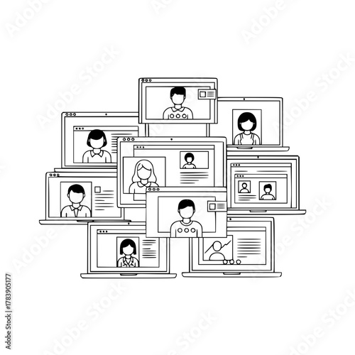 Diverse avatars representing global participants engaged in remote video conference calls across a cluster of overlapping laptop screens a digital connectivity illustration