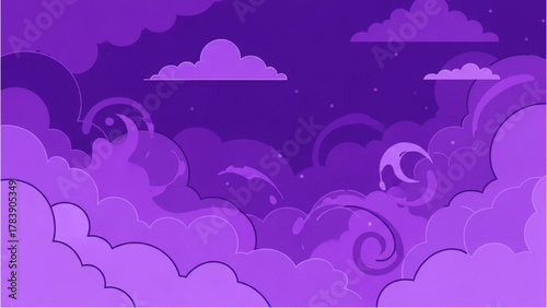 Whimsical Purple Sky Dreamy Clouds and Serene Nightscape Illustration