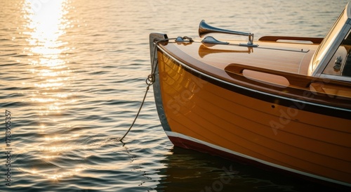 Wallpaper Mural Classic wooden motorboat with a polished finish. Luxury lifestyle on the water at golden hour. Elegant retro design for summer vacation and travel. Aspirational wealth and leisure concept Torontodigital.ca