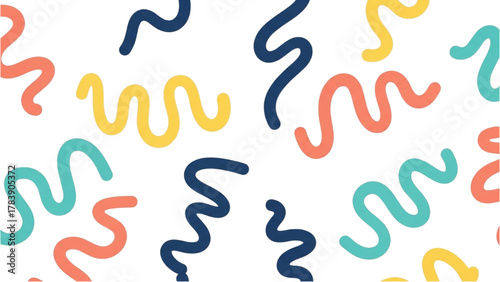 Colorful abstract seamless pattern with hand-drawn squiggly lines and doodles