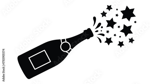A black silhouette of a champagne bottle with a cork popping and stars exploding outwards in a celebratory burst silhouette