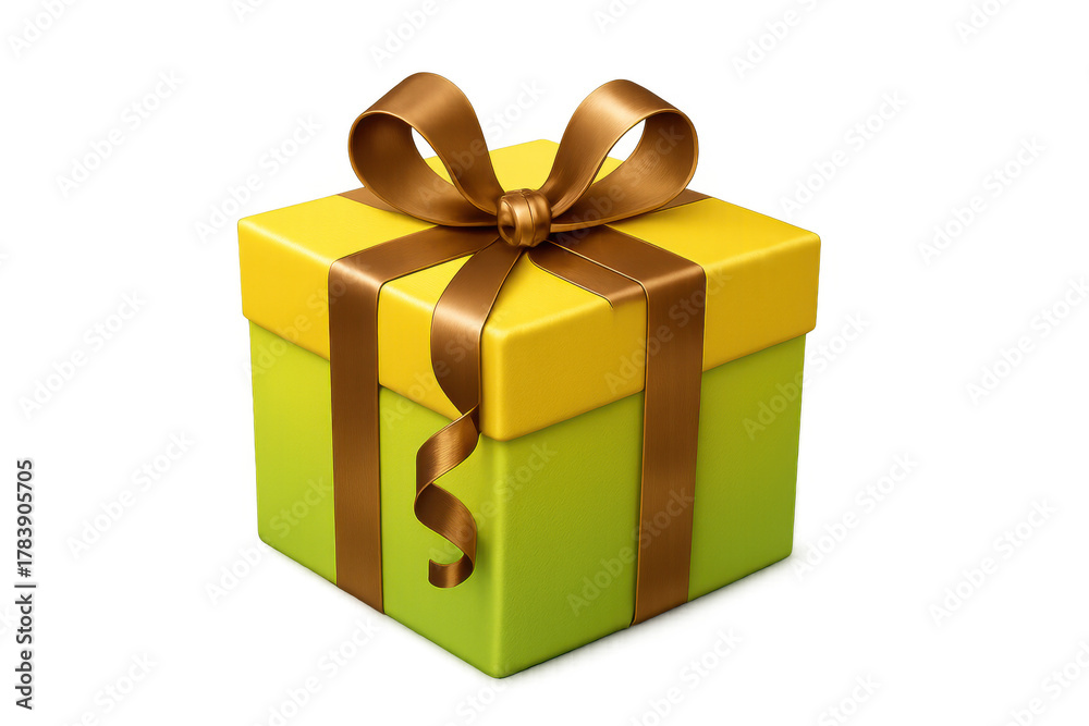 Fototapeta premium Gift box with yellow and green color scheme, featuring a brown satin ribbon and bow, ready for special occasions. Transparent background