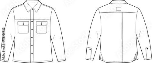 Button-up shirt technical sketch, front and back view, chest flap pockets, center back seam, classic collar, fashion flat, garment construction, vector illustration