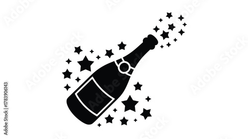 A celebratory black silhouette of a champagne bottle with a burst of stars and sparkles emanating from its neck perfect for festive occasions silhouette