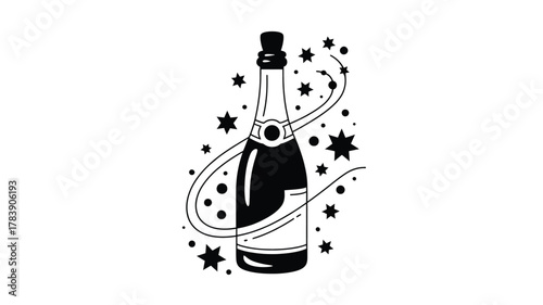 A celebratory champagne bottle silhouette with swirling lines and stars perfect for festive occasions and party invitations silhouette