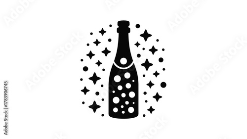 A festive black silhouette of a champagne bottle adorned with bubbly dots surrounded by a halo of sparkling stars and confetti for celebration silhouette