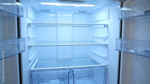 Wallpaper Mural Empty Refrigerator Interior - This close-up shot showcases the interior of a clean and empty refrigerator. The shelves and drawers are visible, illuminated by the cool, blue-toned internal light. Torontodigital.ca