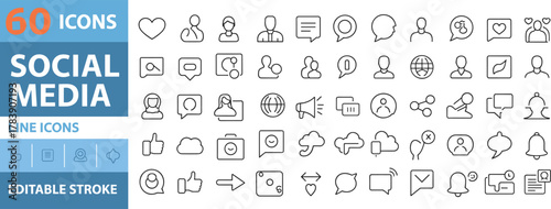 social, media, icons, line, editable, stroke, interface, communication, chat, user, heart, thumbs-up, bell, camera, globe, share, notification, minimalist, outline, set