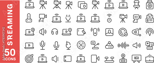 streaming, icons, media, video, audio, microphone, camera, headphones, screen, mobile, live, waveform, broadcast, technology, online, digital, sound, interface, minimal, outline