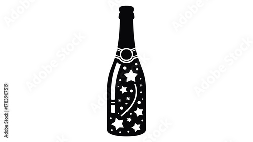 A festive black silhouette of a champagne bottle adorned with white stars and a celebratory ribbon perfect for holiday and party themes silhouette