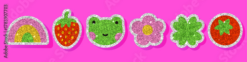 Glitter sticker collection with rainbow, strawberry, frog, flower, clover, and tomato shapes. Sparkly sequin texture shines with glossy highlights. Kawaii retro y2k inspired japanese sticker set.