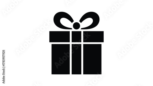 A simple black silhouette of a gift box with a ribbon and bow on top representing celebration and surprise isolated on a white background silhouette