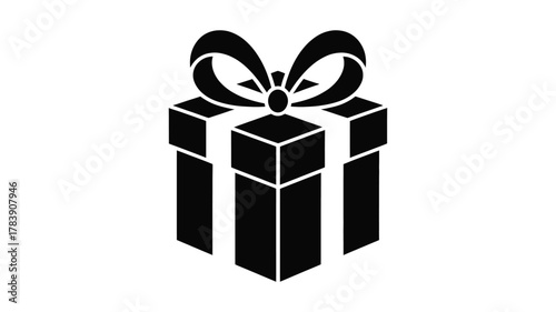 A simple black silhouette of a gift box with a ribbon and bow representing celebration and surprise presented in a clean graphic style silhouette