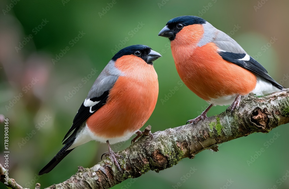 Fototapeta premium Two bullfinches with orange breasts on a mossy branch