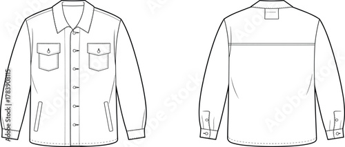 Button-up shirt technical sketch, front and back view, classic collar, flap chest pockets, seam detailing, fashion flat, garment construction, vector illustration