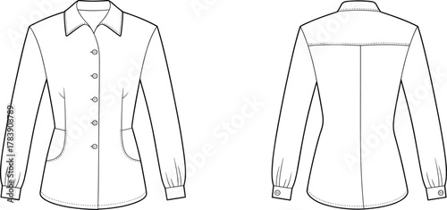 Button-up shirt technical sketch, front and back view, pointed collar, curved patch pockets, shaping seams, fashion flat, garment construction, vector illustration