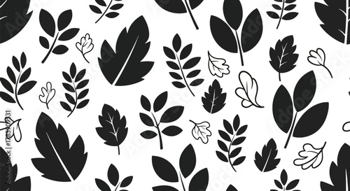 Minimal flat wallpaper featuring simplified botanical shapes and abstract curved florals in monochrome tones. Solid colors only, no gradients, seamless repeat suitable for elegant surface patterns