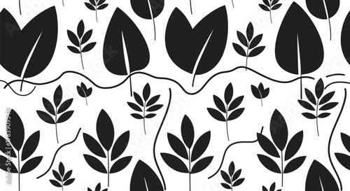 Minimal flat wallpaper featuring simplified botanical shapes and abstract curved florals in monochrome tones. Solid colors only, no gradients, seamless repeat suitable for elegant surface patterns