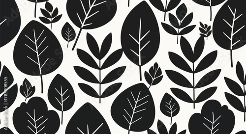 Minimal flat wallpaper featuring simplified botanical shapes and abstract curved florals in monochrome tones. Solid colors only, no gradients, seamless repeat suitable for elegant surface patterns