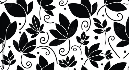 Minimal flat wallpaper featuring simplified botanical shapes and abstract curved florals in monochrome tones. Solid colors only, no gradients, seamless repeat suitable for elegant surface patterns