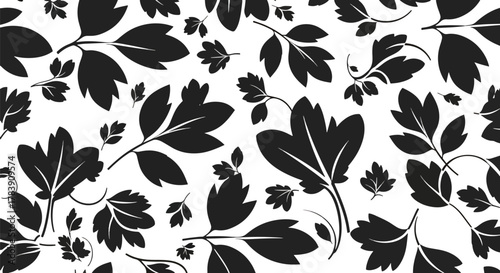Minimal flat wallpaper featuring simplified botanical shapes and abstract curved florals in monochrome tones. Solid colors only, no gradients, seamless repeat suitable for elegant surface patterns