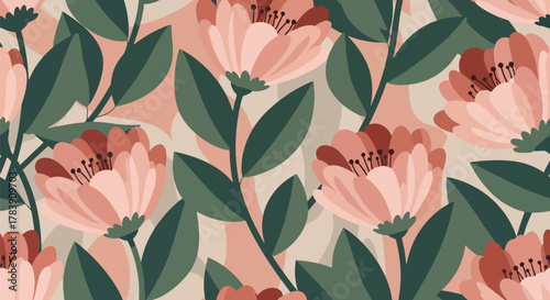 Flat vector wallpaper of chunky floral petals and elongated leaves arranged with balanced spacing. Solid warm tones, seamless repeat, perfect for fabric, wrapping paper, or modern retro products