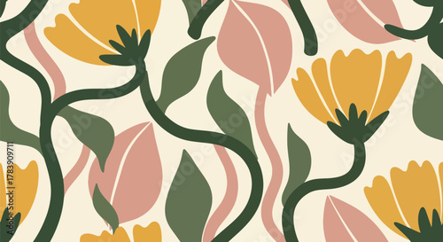 Flat vector wallpaper of chunky floral petals and elongated leaves arranged with balanced spacing. Solid warm tones, seamless repeat, perfect for fabric, wrapping paper, or modern retro products