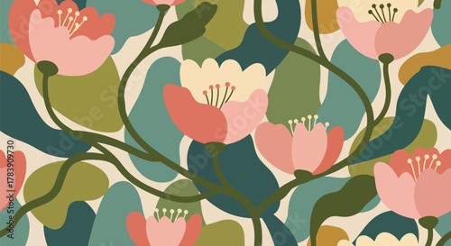 Flat vector wallpaper of chunky floral petals and elongated leaves arranged with balanced spacing. Solid warm tones, seamless repeat, perfect for fabric, wrapping paper, or modern retro products