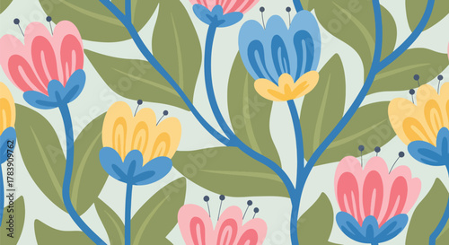 Flat vector wallpaper of chunky floral petals and elongated leaves arranged with balanced spacing. Solid warm tones, seamless repeat, perfect for fabric, wrapping paper, or modern retro products