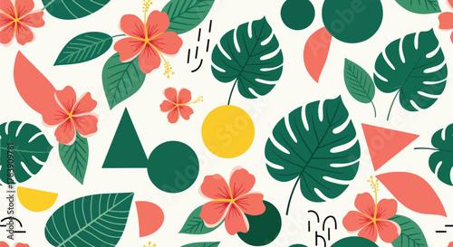 Stylized monstera and palm leaf silhouettes forming a retro botanical wallpaper. Solid flat colors, no gradients, seamless pattern ideal for lifestyle packaging and interior wallcoverings
